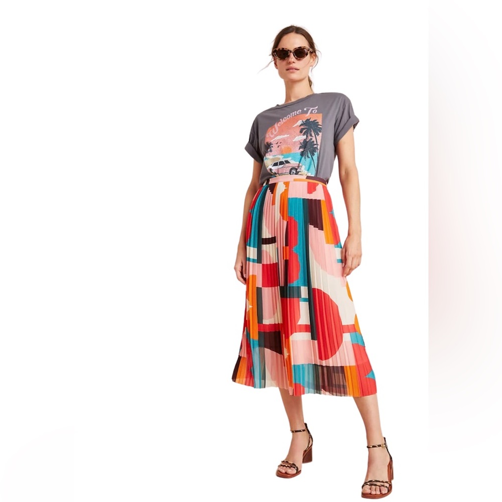 Anthropologie Colorful Pleated Midi Skirt